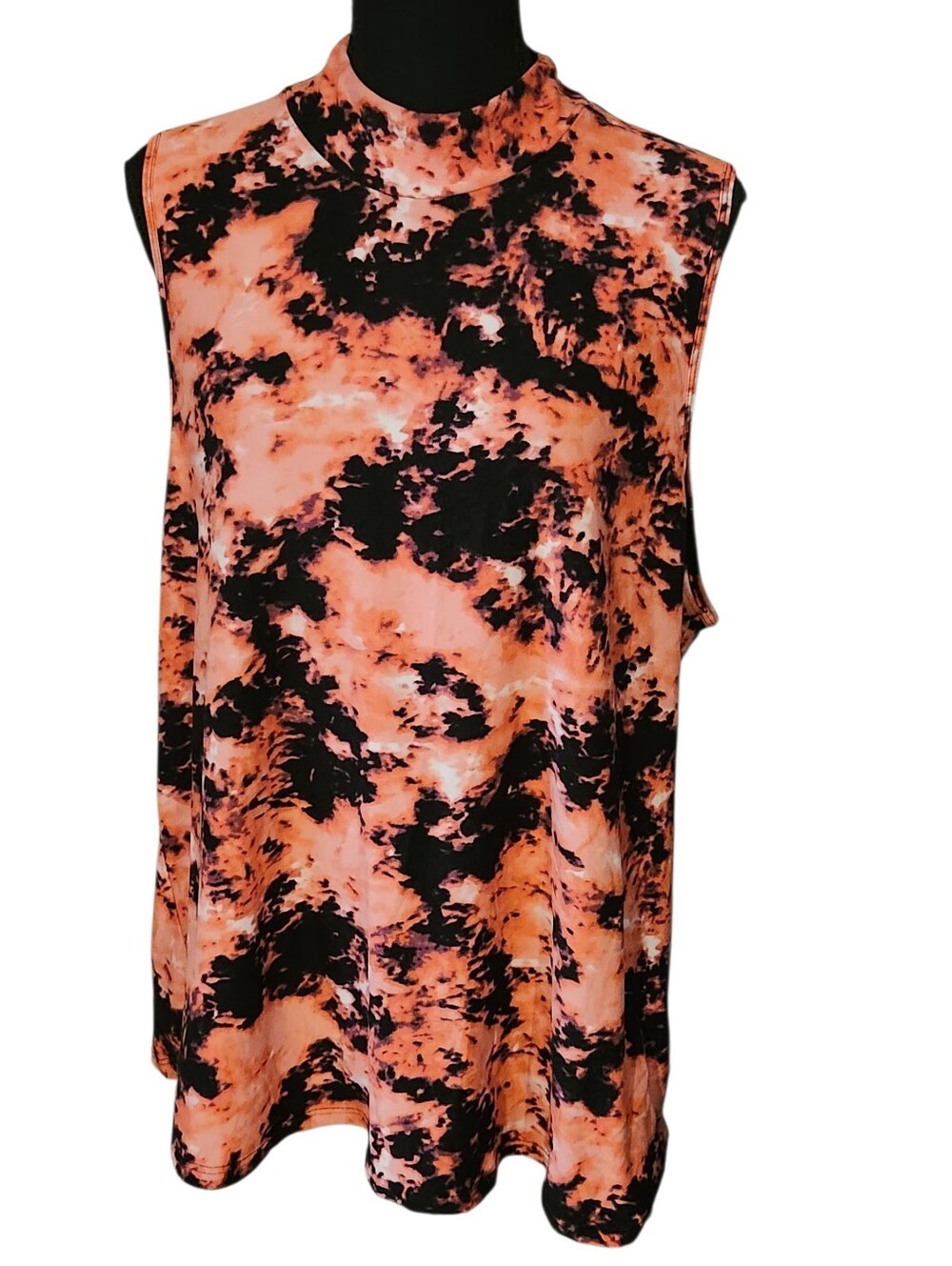 Full Circle Trends Sleeveless Mock Neck Tank - Black and Coral Tie-Dye